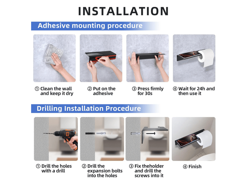  Porte papier toilette sans percer i support papier toilette salle de bain mural auto adhésif i noir mat | avec étagère  - Conforama D