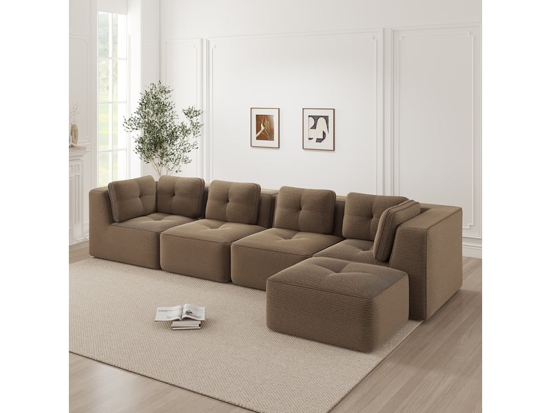  Canapé modulaire 4 places avec assise profonde, coussins moelleux et base antidérapante en velours côtelé marron  - Conforama D