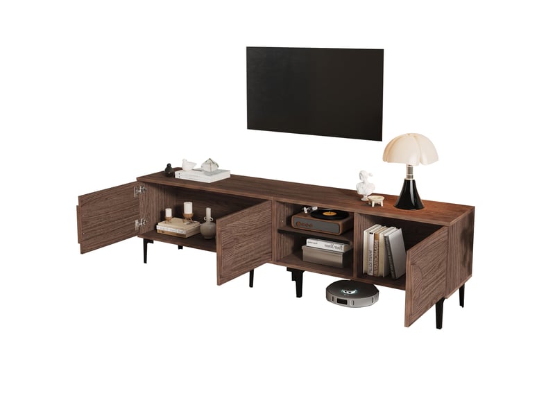 Meuble tv moderne effet noyer foncé 180x35x49 cm avec 2 portes et étagères ouvertes pour tv jusqu'à 80 pouces - Conforama E