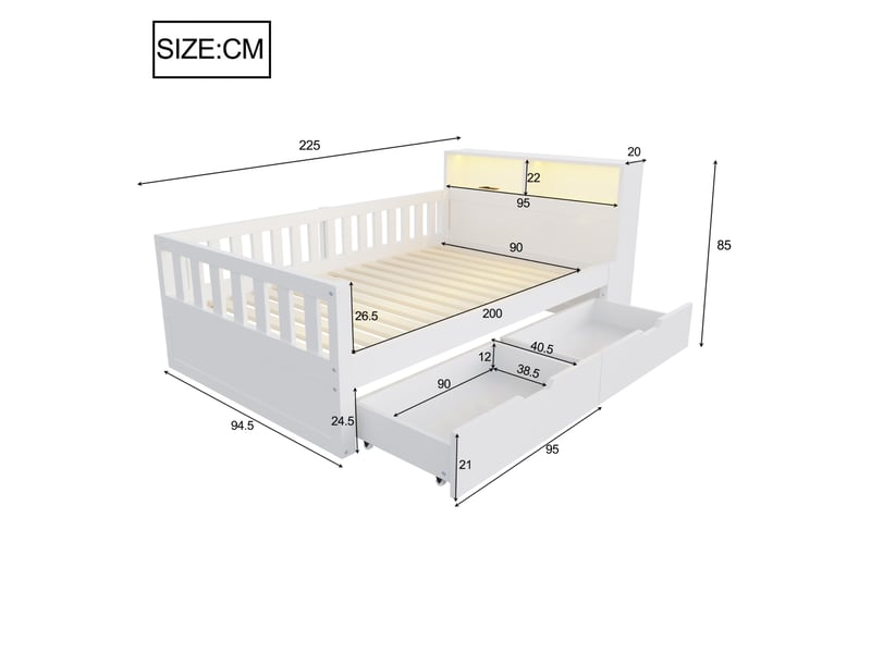  Lit 1 place, 90x200 cm, avec rangements, led, prises, barrières de sécurité, matelas non inclus, bois, coloris blanc  - Conforama C