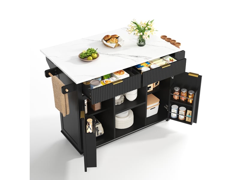  Desserte de cuisine noire et blanc avec plateau rabattable, 2 tiroirs, 2 portes, étagères à épices et 5 roulettes  - Conforama A