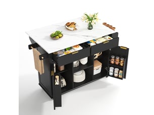 Desserte de cuisine noire et blanc avec plateau rabattable, 2 tiroirs, 2 portes, étagères à épices et 5 roulettes