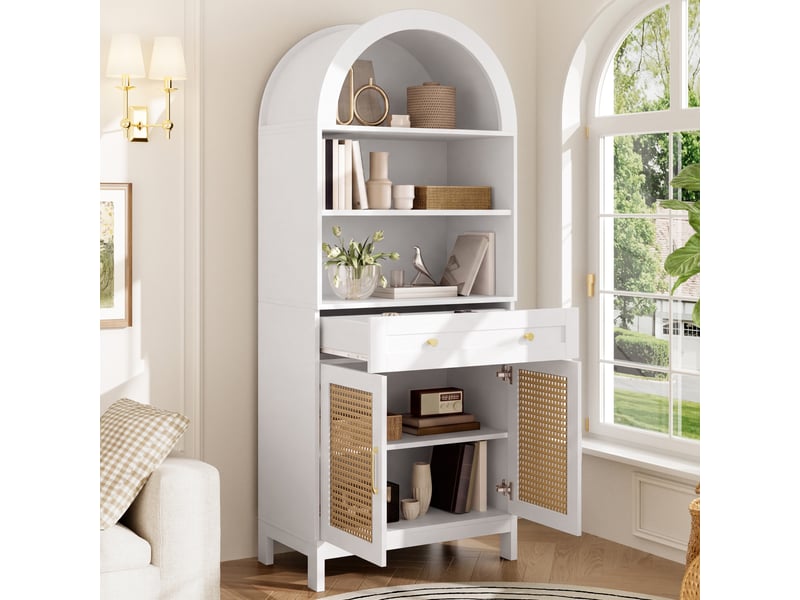 Buffet haut arqué 70x40x170 cm avec 2 portes effet rotin, 3 niches ouvertes, 1 tiroir, anti-basculement, blanc et bois naturel, salon entrée - Conforama D