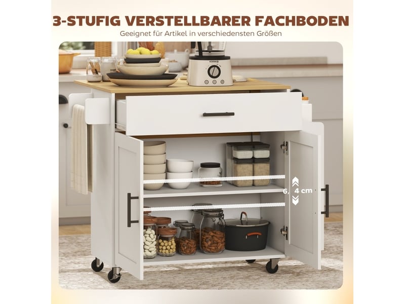  Desserte de cuisine sur roulettes avec plateau rabattable, 2 portes 1 tiroirs, 120x68x85 cm blanche  - Conforama E