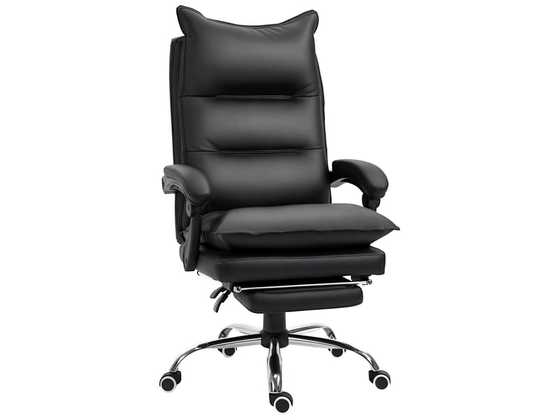 Chaise de bureau ergonomique avec accoudoirs, repose-pieds, pivotante et réglable en hauteur, revêtue de similicuir, noire.  - Conforama A