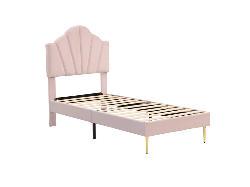  Lit capitonné en velours, 90 x 200 cm, en forme de coquillage avec pieds en fer doré, tête de lit réglable en hauteur, sommier à lattes en bois, rose  - Conforama E