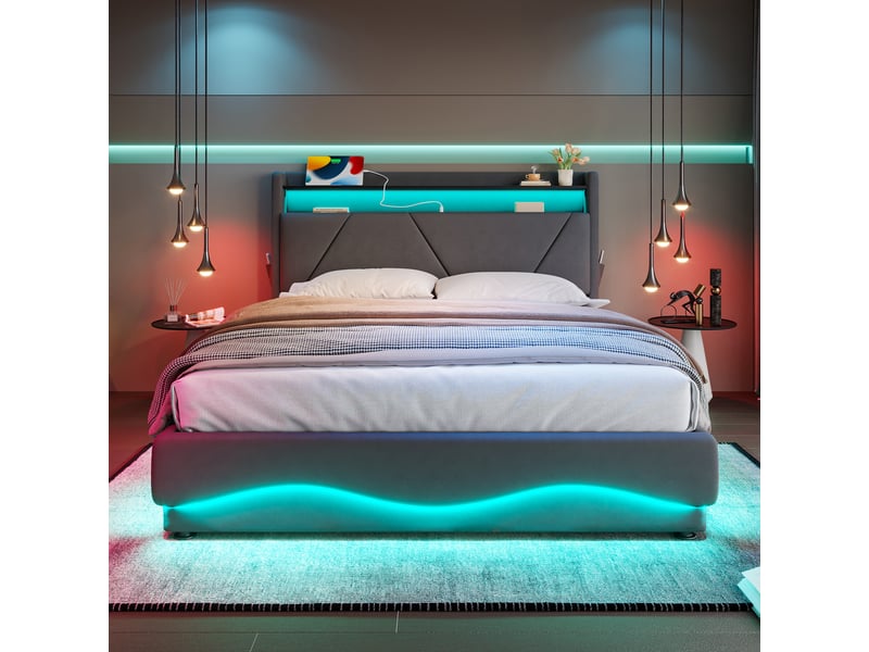 Lit coffre 140x200 cm rembourré avec rangement hydraulique, tête de lit avec étagères, LED, USB et Type-C Fay Lum - Conforama D