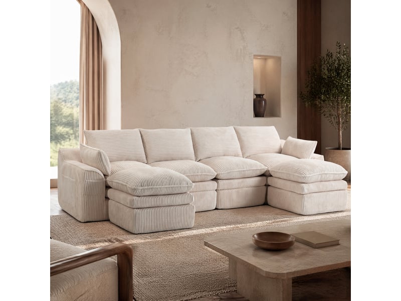 Canapé modulable 4 places en velours côtelé beige avec 2 poufs, coussins et poches latérales - Conforama D