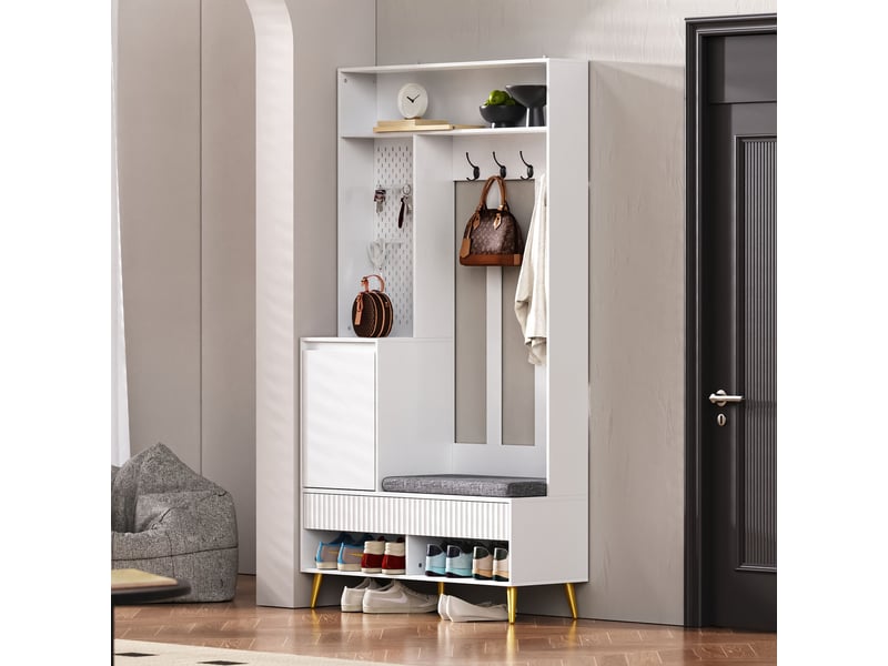  Porte-manteau, meuble d’entrée, vestiaire, portant, avec banc à chaussures, crochets, blanc-mdf RN Store - Conforama D