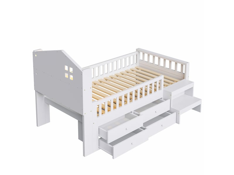 Lit enfant 90 x 200 cm blanc en bois, 4 tiroirs, marches de rangement, led, usb type-c et barrières - Conforama D