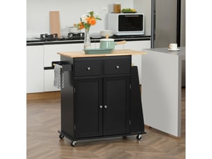 Desserte de cuisine ilôt cuisine avec plan de travail étagère range-bouteilles porte-torchons 2 tiroirs placard 2 portes mdf noir hévéa