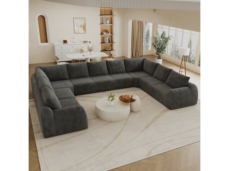 Canapé panoramique en u 9 places gris foncé, revêtement chenille, mousse haute élasticité, sans montage, 411 cm - Conforama E