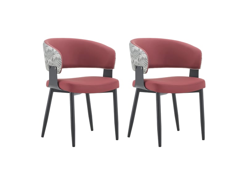  Lot de 2 chaises de salle à manger 44,5x48x77,3cm rouge vin et motif - en pu avec accoudoirs tonneau et pieds en métal noir  - Conforama A