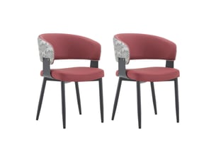 Lot de 2 chaises de salle à manger 44,5x48x77,3cm rouge vin et motif - en pu avec accoudoirs tonneau et pieds en métal noir