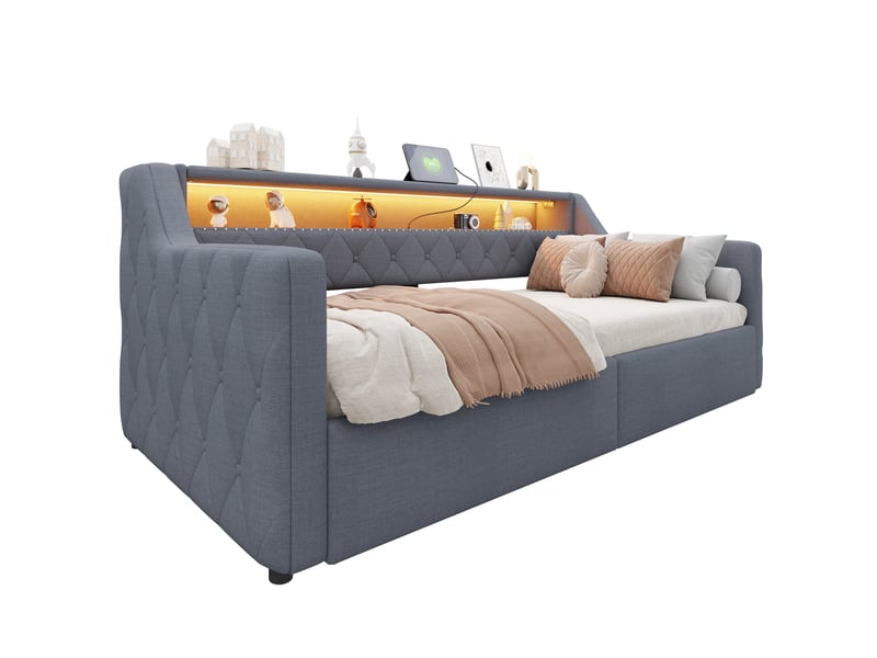  Lit coffre hydraulique 90x200 cm avec led, usb et usb-c, tissu lin gris, structure mdf, sans matelas  - Conforama A