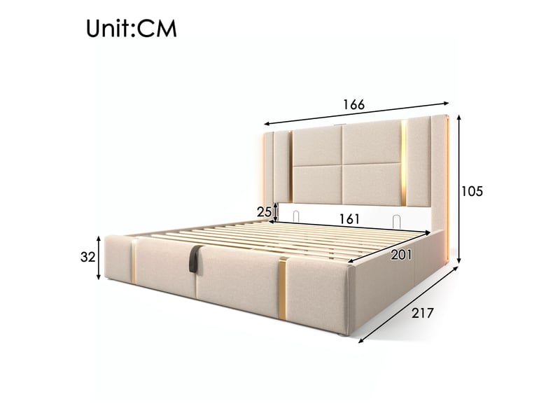 Lit led 160x200 avec matelas, lit coffre beige en lin avec sommier à lattes, led rgb et chargeur usb type-c - Conforama C