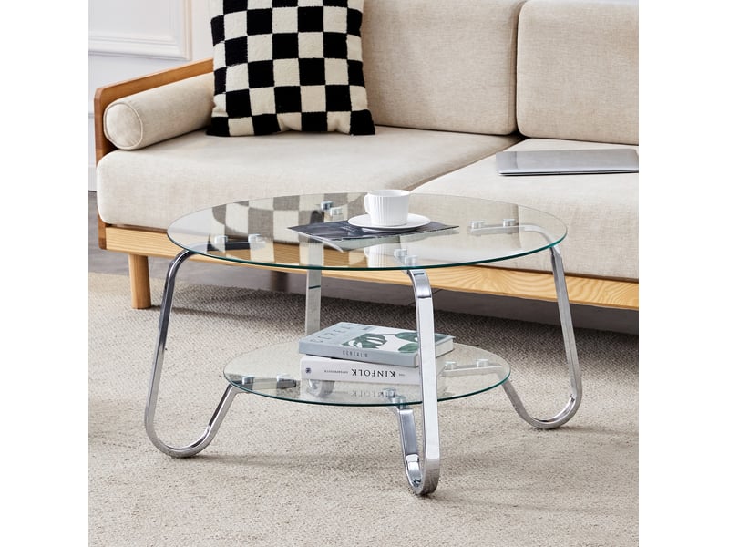 Table basse à 2 niveaux avec plateau en verre trempé et structure métallique pour salon 90,5 × 89 × 10,5 cm  - Conforama C