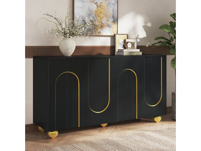 Buffet 4 portes avec rangement et charnières amorties - lpospi - pieds métal dorés mdf et panneaux de particules noir - Conforama C