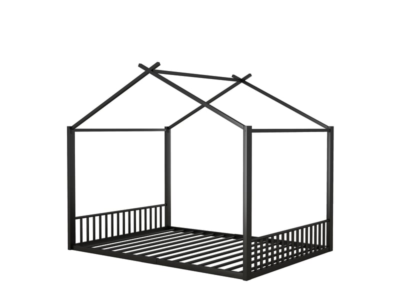 Lit cabane 140x200 cadre de lit en métal noir pour enfant, design maison avec sommier à lattes, robuste et moderne - Conforama W