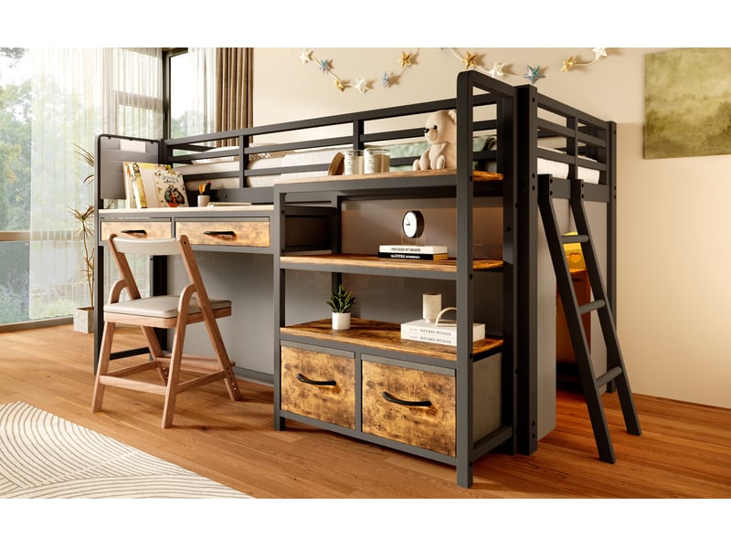  Lit superposé 90x200 cm noir métal avec bureau rangement tiroirs en tissu étagères et led pour chambre enfant Sol Morn - Conforama E