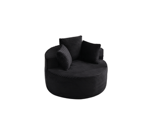 Fauteuil lounge rond avec 3 coussins, accoudoirs larges et base antidérapante, en velours côtelé noir