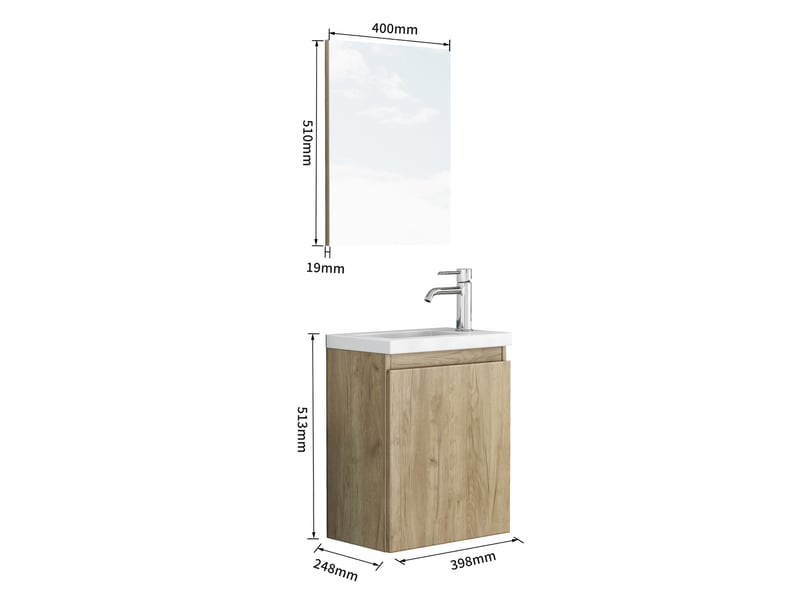 Meuble sous vasque mural avec 1 porte, vasque en céramique et miroir sans poignée pour salle de bain en mdf chêne - Conforama C