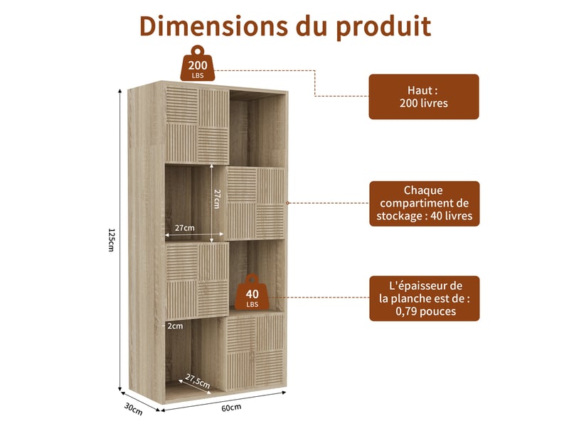 Bibliothèque 8 cases - 60x30x125cm - meuble de rangement modulaire étagères ouvertes & portes cannelées - bois naturel - Conforama E
