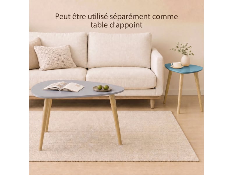  Lot de 2 tables basses gigognes design pieds scandinave en bois et plateau en bois, blanc et bleu  - Conforama R