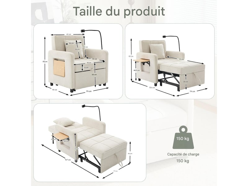  Fauteuil convertible en tissu chenille beige avec coussin W3056S00047 - Conforama C