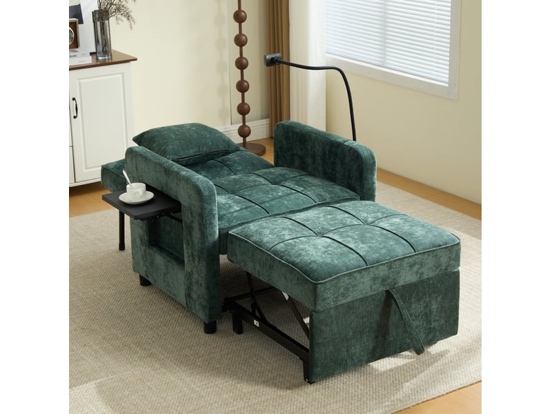 Fauteuil convertible 79x66x83 cm, 5 positions, tablette, coussin, canapé 1 place, chenille vert, rangement, pour salon - Conforama E