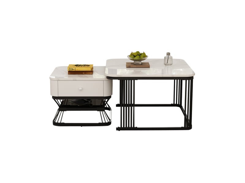  Lot de 2 tables basses carrées avec tiroir, effet marbre blanc et noir  - Conforama A