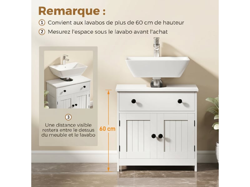  Meuble sous lavabo blanc 60 cm, sur pied avec tiroir et 2 portes  - Conforama W