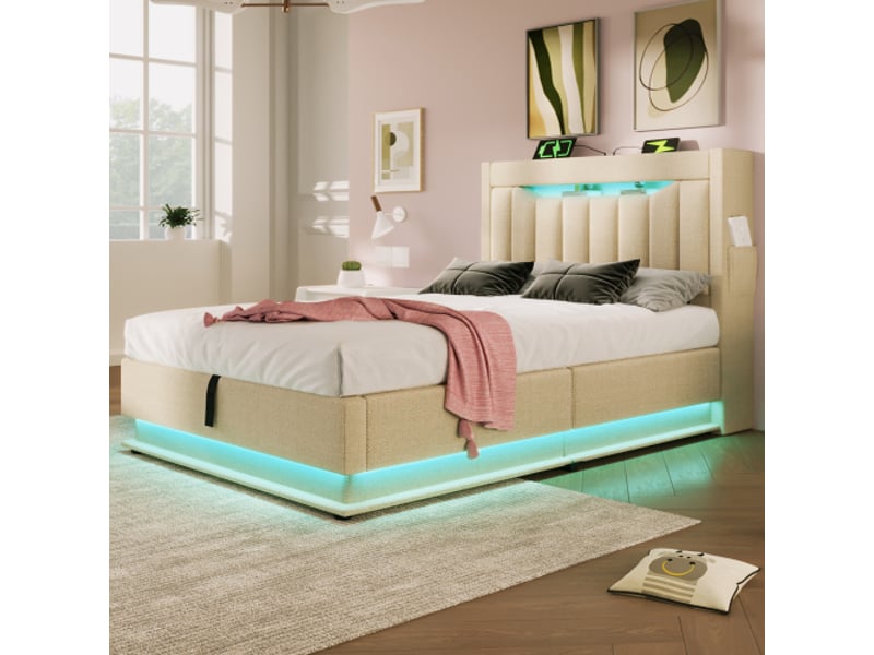Lit coffre 90x200 cm, lit enfant avec tête de lit de rangement, prise usb et led, tissu en lin beige, sans matelas - Conforama C
