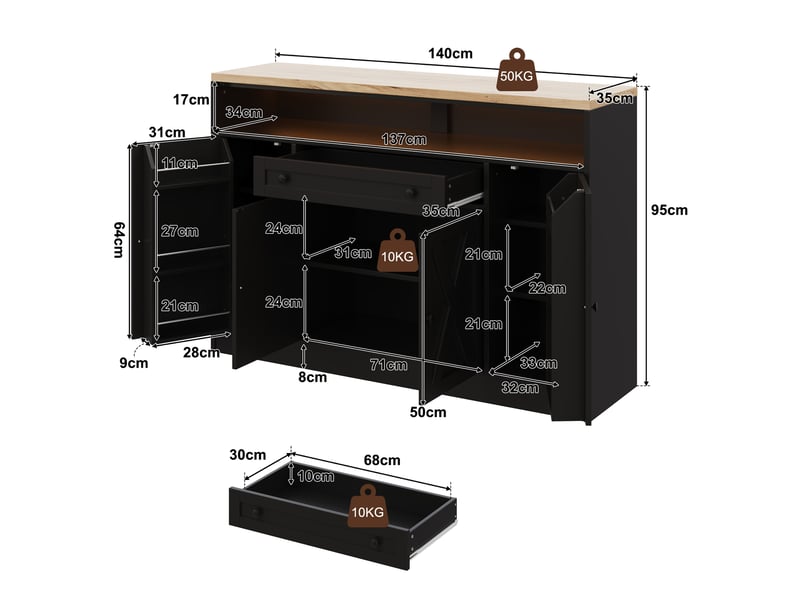  Buffet de cuisine 140x35x95cm avec éclairage led, 1 tiroir, rangements de porte et 4 portes style grange, meuble de rangement, noir evarich - Conforama C