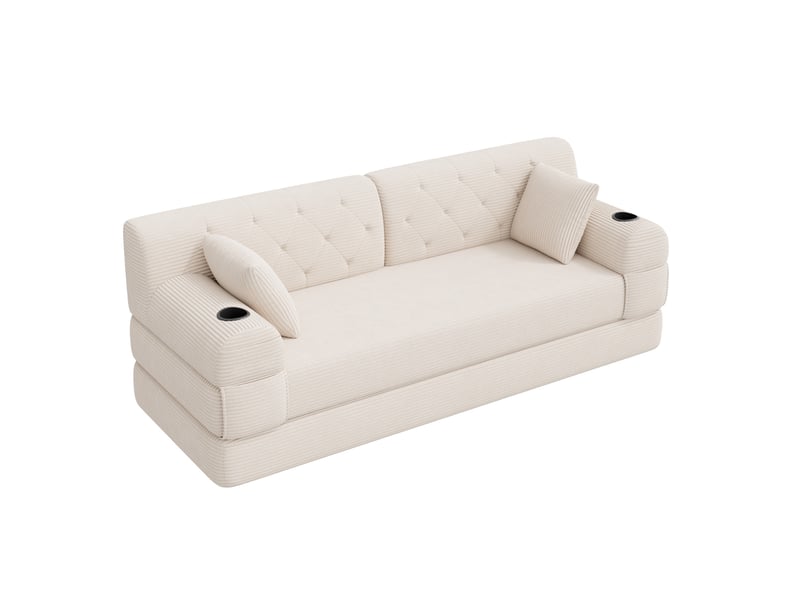  Canapé convertible compressé 3 places en velours côtelé beige avec porte-gobelets et poches  - Conforama A