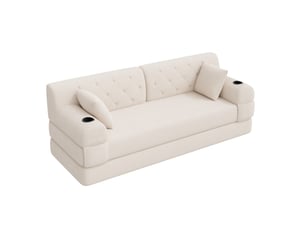 Canapé convertible compressé 3 places en velours côtelé beige avec porte-gobelets et poches