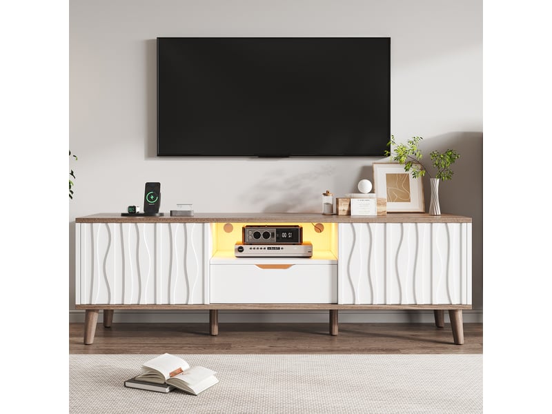  Meuble tv 160x40x52 cm avec led et portes coulissantes blanc et noyer foncé  - Conforama B