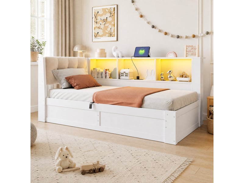  Lit de jour 90x200 cm équipé de levage hydraulique, led et usb, mdf, bois, panneau de particules, blanc, matelas non fourni  - Conforama B