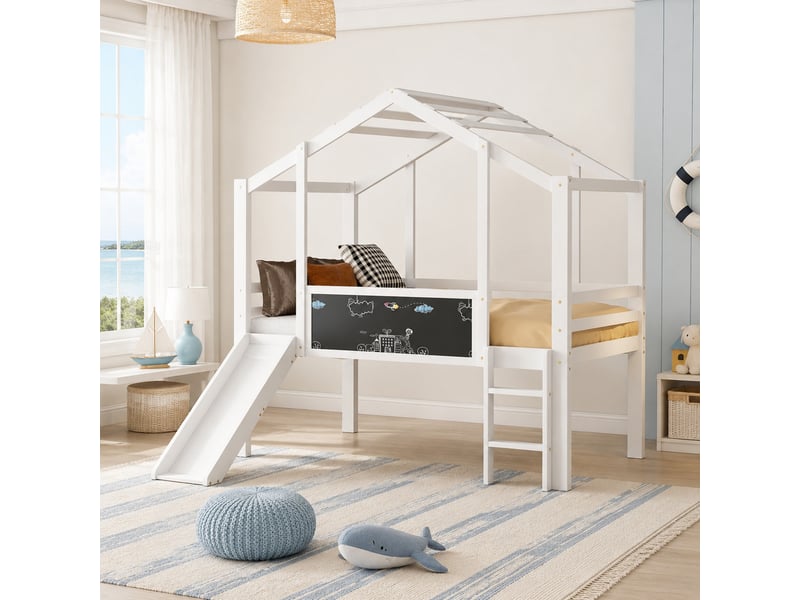  Lit mezzanine enfant 90x200 cm avec toboggan, échelle et tableau, blanc  - Conforama B