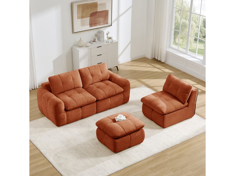 Canapé d’angle modulable 3 places en chenille orange – 264 x 160 x 68 cm Fay Lum - Conforama E