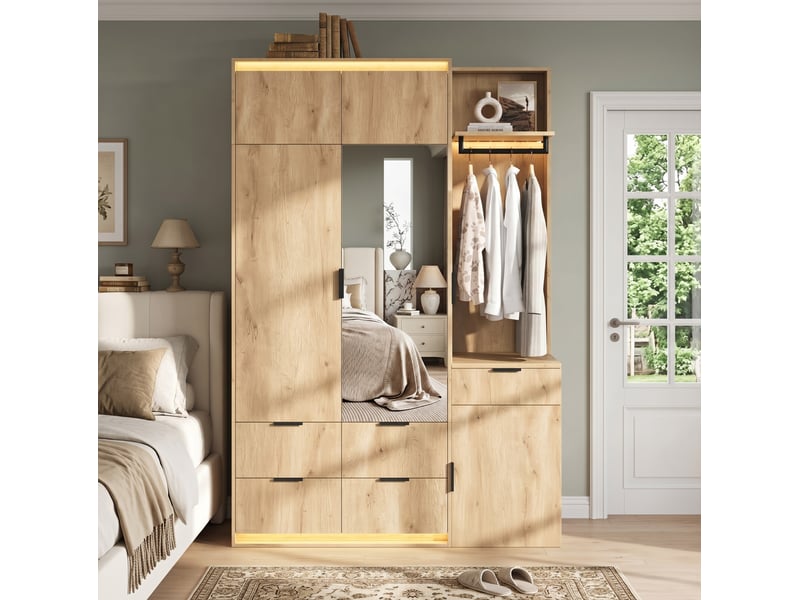  Armoire vestiaire 135x47x200 cm avec led, miroir, 2 barres de penderie et 5 tiroirs mdf couleur bois  - Conforama B
