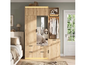 Armoire vestiaire 135x47x200 cm avec led, miroir, 2 barres de penderie et 5 tiroirs mdf couleur bois