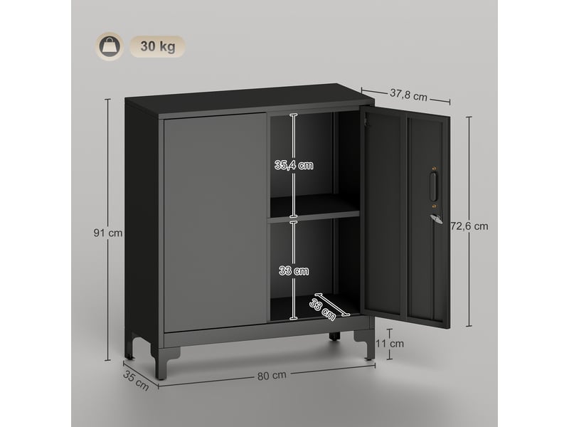  Armoire de bureau à 2 niveaux, meuble de rangement bureau métallique avec 2 portes verrouillables, noir, 80 x 35 x 91 cm  - Conforama C