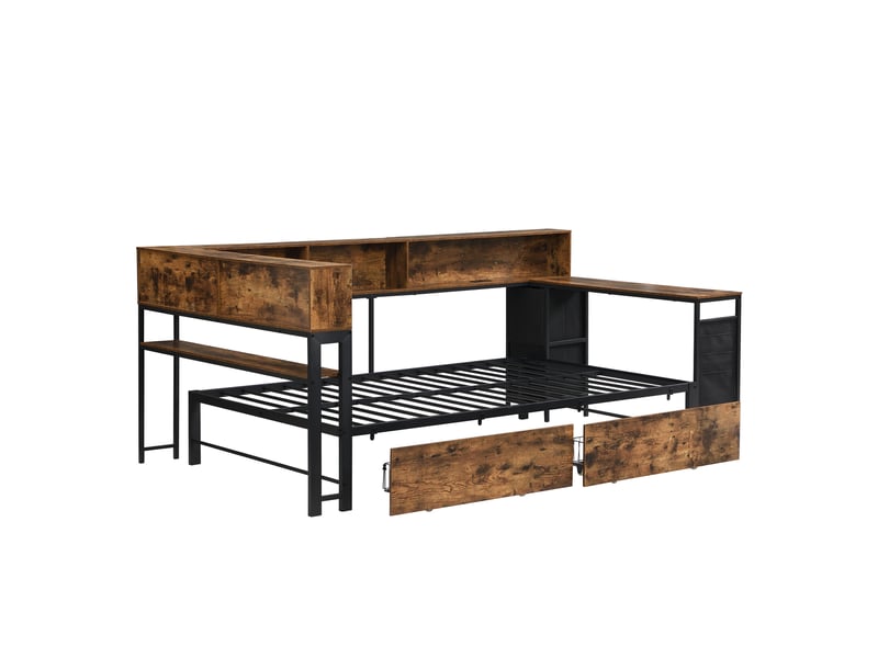  Lit métal 120×200 cm avec rangements, 2 tiroirs, étagères et prise, noir et naturel  - Conforama D