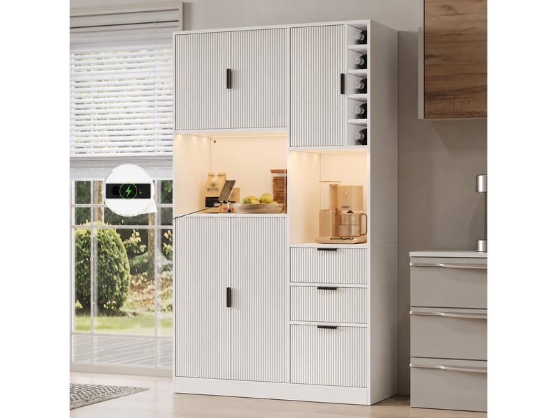  Meuble de cuisine muvano, buffet de cuisine haut blanc avec led et 3 tiroirs, 105 × 40 × 180 cm  - Conforama B