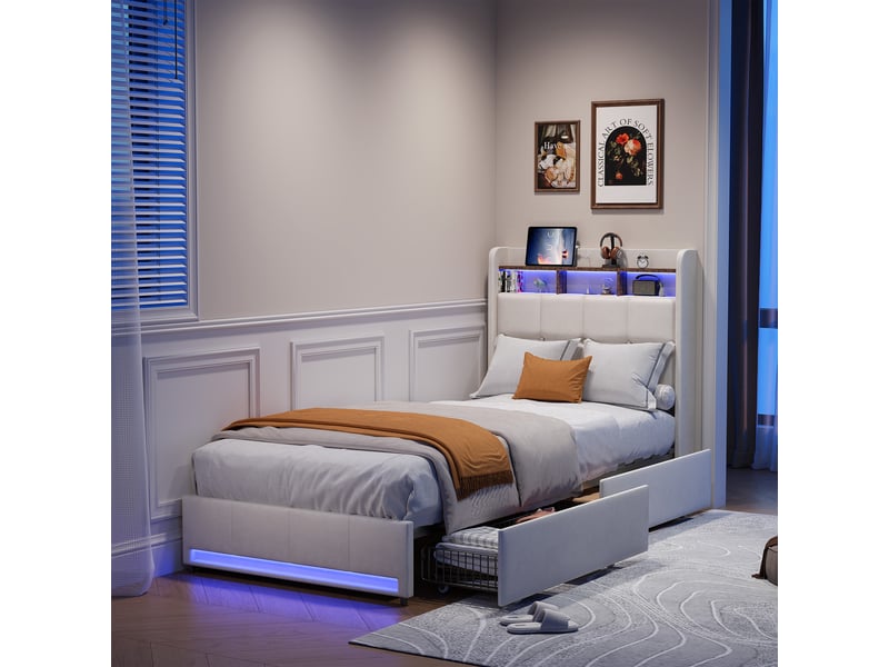  Lit simple coffre 90x200, rangement chevet, 2 tiroirs, éclairage led réglable, ports usb type-c, tissu en lin beige  - Conforama D