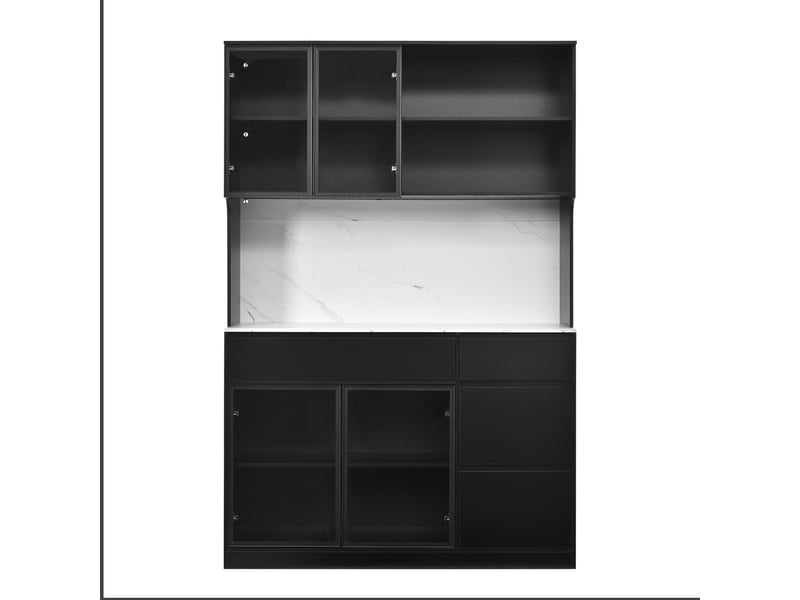  Buffet haut vitrine 120x40x180 cm en mdf, plan marbre, éléments vitrés, led intégrées, tiroirs et niches - noir et blanc  - Conforama A