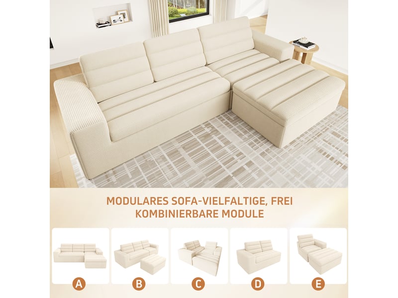  Canapé d'angle modulable en l, velours côtelé beige, canapé nuage 4 places sans armature avec pouf pour salon et grand appartement.  - Conforama E