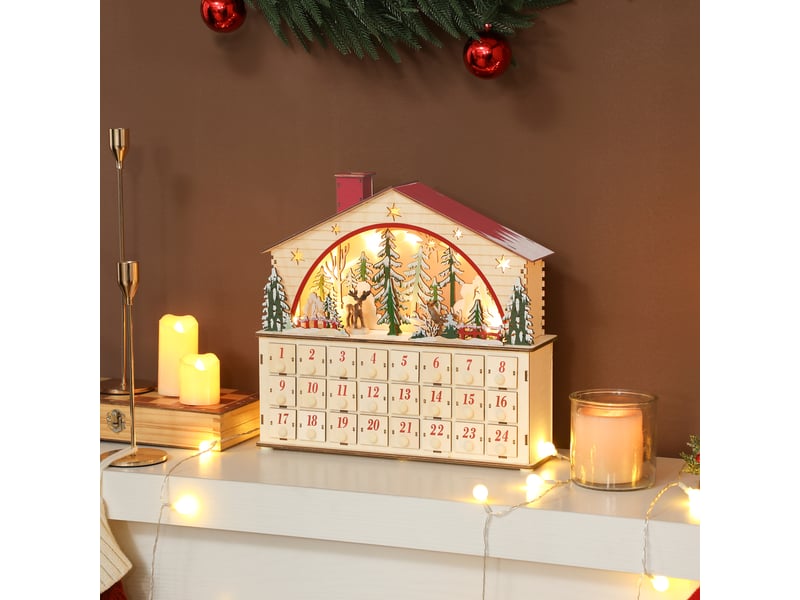  Calendrier de l'avent lumineux, calendrier de l'avent à remplir, 24 tiroirs, scène de village, 36x10x34cm, bois naturel  - Conforama D