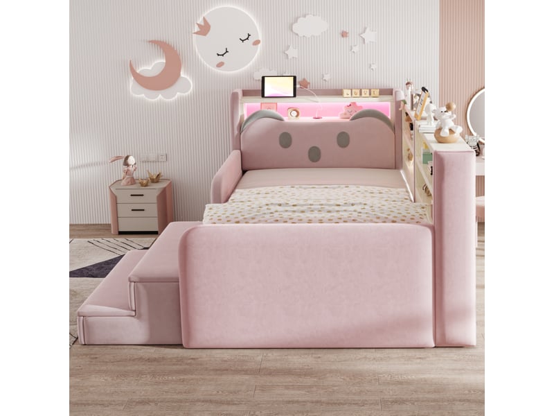  Lit rembourré enfant 90 x 200 cm – tête de lit avec rangement – ​​inclut 1 tiroir – inclut un pied de lit – inclut éclairage led et port usb – rose (matelas non inclus)  - Conforama E